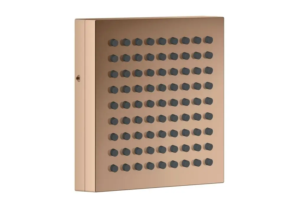 Showerkopf mit quadratischer Oberfläche und schwarzem Düsenmuster, hergestellt von AXOR, in einer polierten Goldfarbe. Eignet sich für die Deckendmontage.